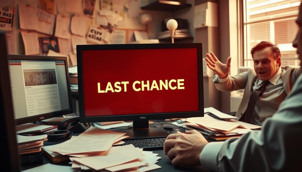 A chaotic office scene with a computer screen displaying an email with a prominent "LAST CHANCE" message, surrounded by scattered documents, a ringing phone, and a frantic business person gesturing urgently. The lighting is harsh, creating a sense of tension and pressure. The camera angle is slightly low, emphasizing the overwhelming nature of the situation. The color palette is dominated by shades of red and yellow, conveying a feeling of scarcity and immediacy. The overall atmosphere is one of high-pressure decision-making and the need to act quickly before an opportunity is lost.