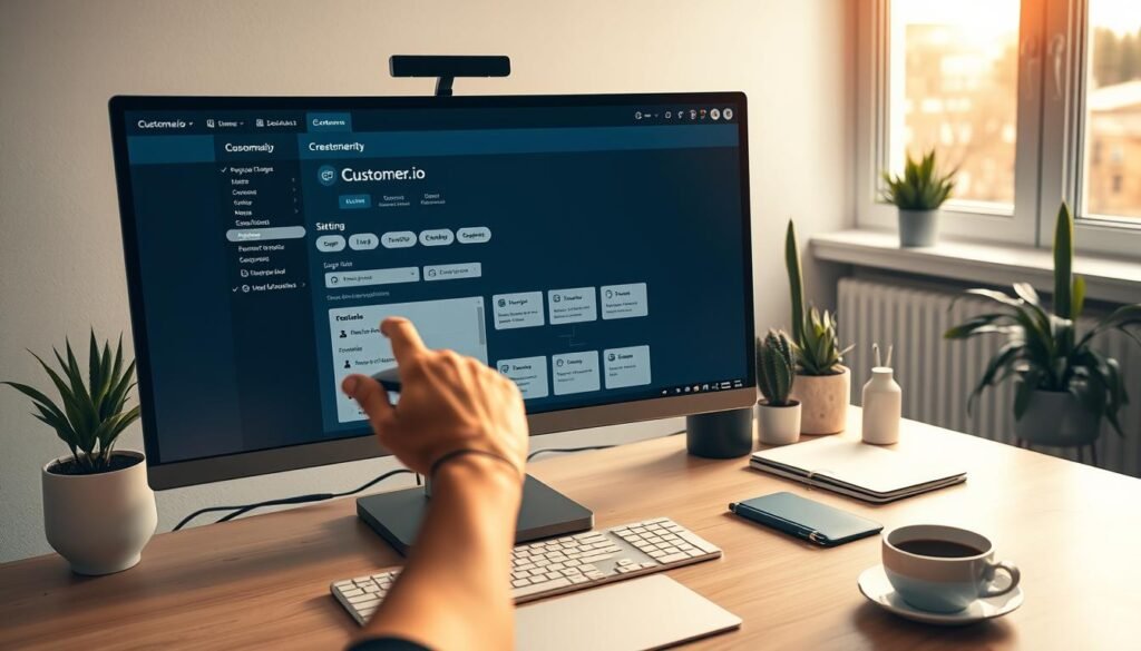 A clean, well-lit home office workspace with a sleek desktop computer, a curved monitor, and a modern desk setup. The screen displays a customer.io campaign workflow creation interface, with various tools and options neatly arranged. In the foreground, a human hand hovers over the mouse, ready to click and configure the automation steps. The middle ground features a minimalist decor with potted plants, a notebook, and a cup of coffee. The background shows a warm, natural lighting from a large window, casting a soft glow on the scene. The overall atmosphere is one of productivity, focus, and attention to detail. A clean, well-lit home office workspace with a sleek desktop computer, a curved monitor, and a modern desk setup. The screen displays a customer.io campaign workflow creation interface, with various tools and options neatly arranged. In the foreground, a human hand hovers over the mouse, ready to click and configure the automation steps. The middle ground features a minimalist decor with potted plants, a notebook, and a cup of coffee. The background shows a warm, natural lighting from a large window, casting a soft glow on the scene. The overall atmosphere is one of productivity, focus, and attention to detail.