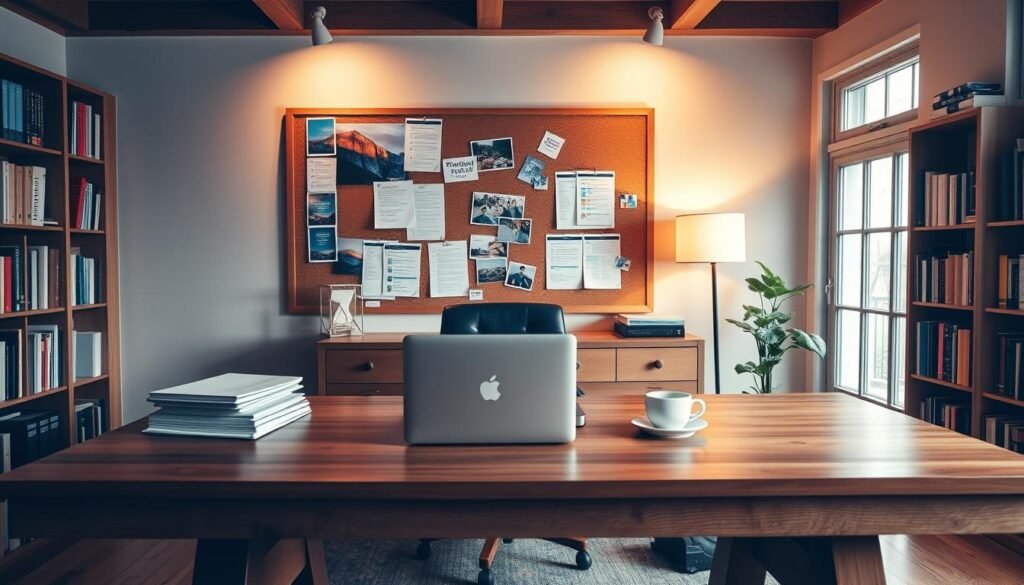 A cozy home office with a large, wooden desk. On the desk, a laptop, a stack of files, and a cup of coffee. Hanging on the wall behind the desk, a corkboard with various notes, photos, and a few printouts showcasing successful email marketing case studies. The lighting is warm and soft, creating a productive and inviting atmosphere. The room is spacious, with large windows that let in natural light, and the walls are lined with bookshelves filled with relevant marketing materials. The overall scene exudes a sense of professionalism and expertise in the field of email marketing.