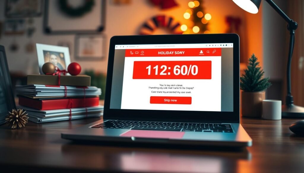 A desktop workspace with an open laptop, an energetic display of urgency and personalization in email campaigns. The laptop screen showcases a vibrant, eye-catching email design featuring a dynamic countdown timer, personalized greeting, and a bold call-to-action button. The foreground is illuminated by a soft, directional light, creating a sense of focus and immediacy. In the middle ground, a stack of holiday-themed stationery and festive decorations suggest the seasonal context. The background blurs into a cozy, warm-toned office environment, emphasizing the personal and intimate nature of the email experience. The overall atmosphere conveys a balance of professionalism and holiday cheer, perfectly capturing the essence of leveraging personalization and urgency in successful holiday email campaigns. A desktop workspace with an open laptop, an energetic display of urgency and personalization in email campaigns. The laptop screen showcases a vibrant, eye-catching email design featuring a dynamic countdown timer, personalized greeting, and a bold call-to-action button. The foreground is illuminated by a soft, directional light, creating a sense of focus and immediacy. In the middle ground, a stack of holiday-themed stationery and festive decorations suggest the seasonal context. The background blurs into a cozy, warm-toned office environment, emphasizing the personal and intimate nature of the email experience. The overall atmosphere conveys a balance of professionalism and holiday cheer, perfectly capturing the essence of leveraging personalization and urgency in successful holiday email campaigns.