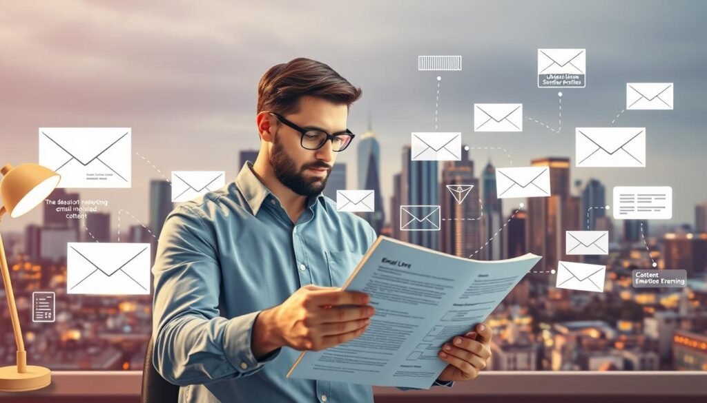 A detailed illustration of expert email deliverability strategies, showcasing a professional's comprehensive approach. In the foreground, a thoughtful marketer examines a detailed report on email metrics, surrounded by a clean, minimalist workspace. In the middle ground, various email campaign elements like subject lines, sender profiles, and content are artfully displayed, demonstrating the technical aspects of optimized deliverability. In the background, a city skyline with towering office buildings symbolizes the scale and impact of effective email marketing practices. The scene is bathed in warm, focused lighting, conveying a sense of expertise, precision, and strategic insight.