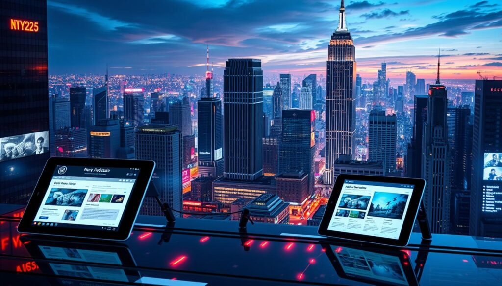 A futuristic cityscape with holographic displays showcasing dynamic email marketing trends. In the foreground, sleek devices with interactive interfaces present customizable email templates and AI-powered analytics. The middle ground features a bustling metropolis with towering skyscrapers, their facades adorned with projection-mapped email campaign visuals. In the background, a vibrant, neon-tinged skyline sets the scene, hinting at the advanced technological landscape that will shape email marketing in 2025. Dramatic lighting, cinematic angles, and a sense of wonder and innovation permeate the composition.