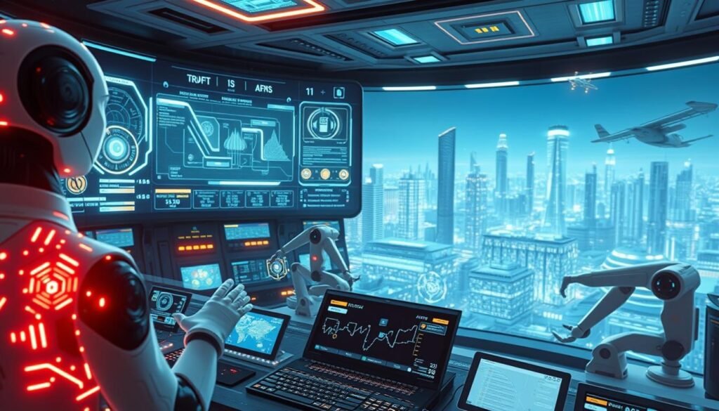 A futuristic control center filled with holographic displays, glowing interfaces, and intricate data visualizations. In the foreground, an AI assistant with a lifelike avatar gestures towards a panoramic screen showcasing complex automation workflows. The middle ground features sleek robotic arms and autonomous systems seamlessly coordinating tasks. The background is dominated by a vast, gleaming cityscape with skyscrapers and flying vehicles, hinting at the expansive technological ecosystem powering this advanced automation. The scene is bathed in a cool, ethereal light, creating a sense of modern elegance and cutting-edge innovation.