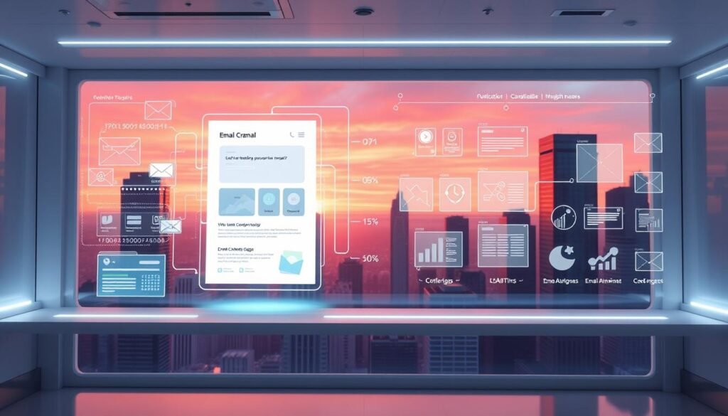 A futuristic email marketing control panel floats in a sleek, minimalist workspace. Holographic interfaces and floating data visualizations illuminate the scene, casting a soft, ethereal glow. In the foreground, a stylized email campaign template hovers, its design blending cutting-edge typography with dynamic, responsive elements. The middle ground features an array of customizable email automation tools, their interfaces streamlined and intuitive. The background depicts a cityscape of towering skyscrapers, their windows gleaming under the light of a vibrant, sunset-hued sky. The overall atmosphere conveys a sense of technological sophistication, innovation, and the future of email marketing.