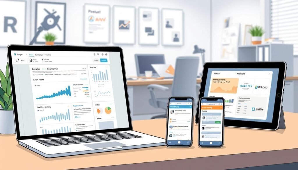 A highly detailed and realistic illustration showcasing a collection of email deliverability testing tools. In the foreground, a sleek laptop display shows various analytics dashboards and data visualizations, providing insights into email performance metrics like open rates, click-through rates, and inbox placement. In the middle ground, an array of smart devices like smartphones and tablets display email campaign preview tools, spam testing interfaces, and inbox monitoring software. In the background, a clean and organized workspace with a professional desk setup, modern office accessories, and subtle lighting that enhances the professional atmosphere. The overall tone is one of productivity, efficiency, and a commitment to optimizing email deliverability.