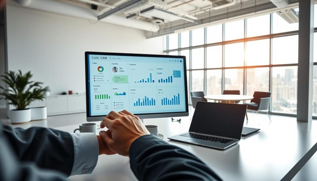 A modern and sleek office environment, with a well-organized CRM dashboard prominently displayed on a large computer screen. In the foreground, a businessperson's hands are interacting with the dashboard, showcasing features like client profiles, sales pipelines, and communication logs. The middle ground features a minimalist desk setup with a laptop, coffee mug, and a few strategic desk accessories. The background depicts an airy, sun-drenched open-plan office, with large windows providing a view of a bustling city skyline. Soft, directional lighting illuminates the scene, creating a professional and productive atmosphere. The overall impression should convey the efficient management of customer relationships and client data through an integrated CRM system.