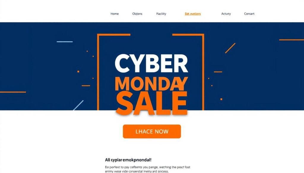 A modern, clean email layout with a prominent hero image showcasing a cyber Monday sale. The layout features a sleek, responsive grid-based design with bold typography, distinct call-to-action buttons, and strategic use of whitespace. Subtle gradients and textures create depth and visual interest. The color palette consists of deep blues, grays, and accents of orange to convey a sense of professionalism and urgency. The overall atmosphere is one of sophistication, authority, and excitement - designed to capture the reader's attention and drive conversions.