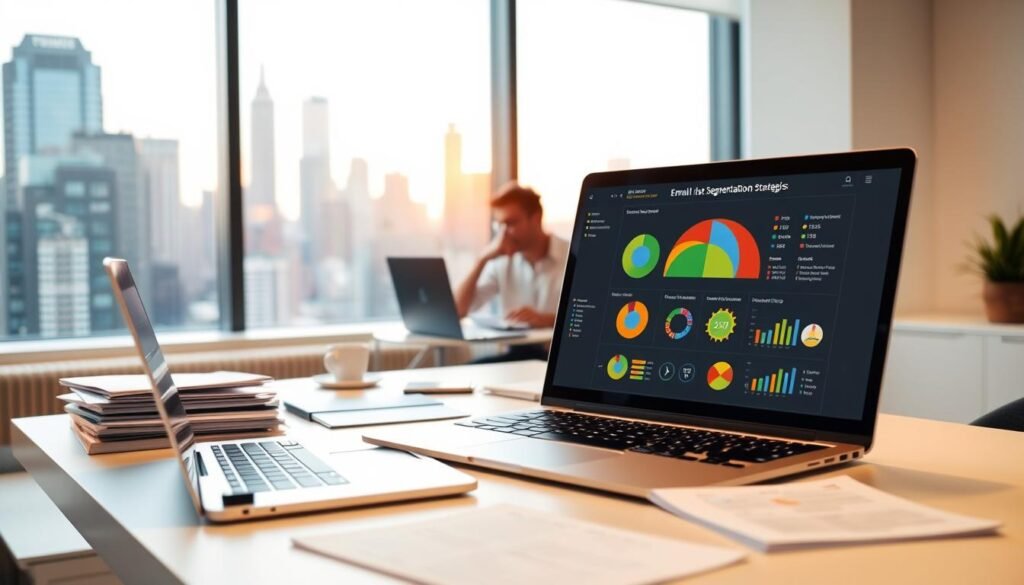 A modern, minimalist office setting with a clean, well-lit atmosphere. In the foreground, a desk with a laptop, smartphone, and neatly organized files and documents. On the screen, a detailed visualization of email list segmentation strategies, using icons, graphs, and color-coded segments. In the middle ground, a person sitting at the desk, thoughtfully examining the data and making notes. The background features a large window overlooking a vibrant cityscape, bathed in warm, natural light. The overall mood is one of productivity, focus, and strategic planning.