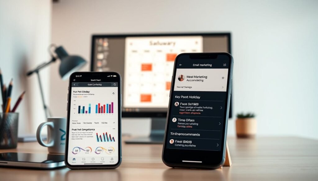 A modern, minimalist office setting with a desktop computer, coffee mug, and office supplies. In the foreground, a smartphone displays a visually appealing email marketing dashboard, showcasing analytics, campaign performance, and timing recommendations. The middle ground features a calendar with key post-holiday dates highlighted, hinting at the optimal timing strategy. The background has a soft, muted palette with subtle geometric patterns, conveying a sense of professionalism and productivity. Warm, directional lighting creates depth and highlights the key elements. The overall mood is one of efficiency, thoughtfulness, and a fresh start for the new year. A modern, minimalist office setting with a desktop computer, coffee mug, and office supplies. In the foreground, a smartphone displays a visually appealing email marketing dashboard, showcasing analytics, campaign performance, and timing recommendations. The middle ground features a calendar with key post-holiday dates highlighted, hinting at the optimal timing strategy. The background has a soft, muted palette with subtle geometric patterns, conveying a sense of professionalism and productivity. Warm, directional lighting creates depth and highlights the key elements. The overall mood is one of efficiency, thoughtfulness, and a fresh start for the new year.