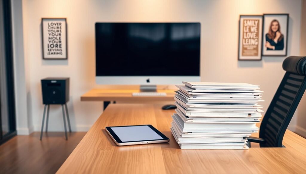 A modern, minimalist office setting with a large desk, ergonomic chair, and a sleek desktop computer. On the desk, there is a stack of neatly organized educational materials, including folders, binders, and a tablet displaying an online learning platform. Warm, indirect lighting illuminates the scene, creating a professional, yet inviting atmosphere. The background features a clean, white wall with a few framed motivational posters or artwork, reflecting the brand's aesthetic. The overall scene conveys a sense of productivity, learning, and a commitment to providing excellent customer support resources.