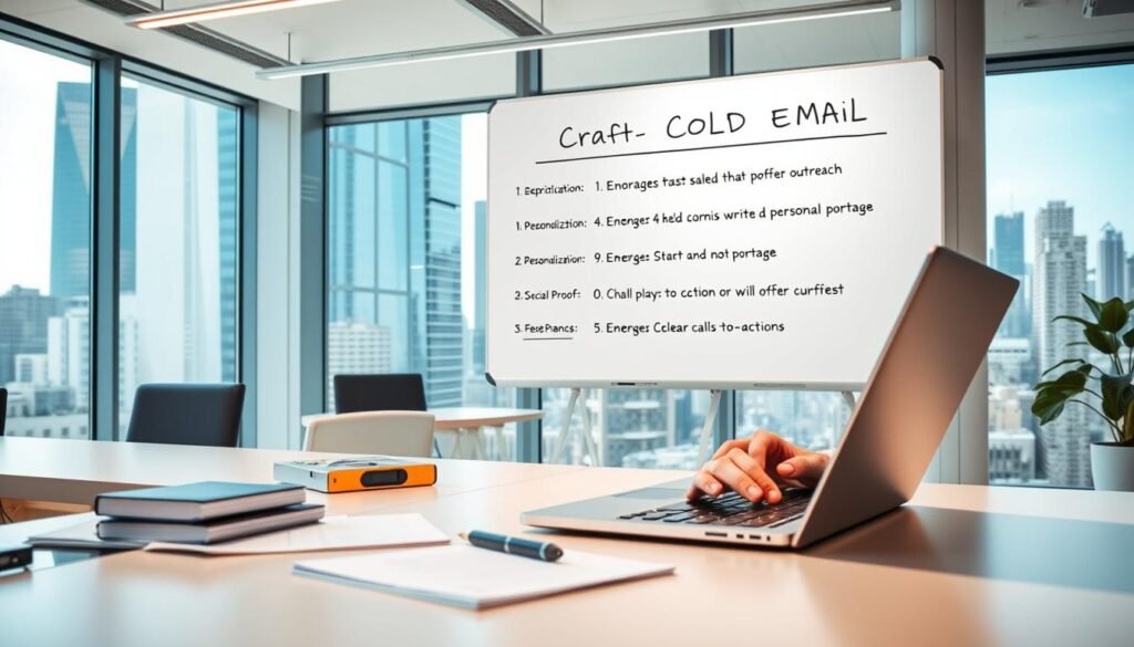 A modern office interior with a bright, well-lit desk and an array of digital devices. In the foreground, a person's hands are composing a carefully crafted cold email on a sleek laptop, their expression focused and determined. On the desk, a stack of notes and a pen suggest a methodical approach to crafting the perfect outreach. The middle ground features a large, minimalist whiteboard displaying bullet points on effective cold email strategies, such as personalization, social proof, and clear call-to-actions. In the background, floor-to-ceiling windows offer a panoramic view of a bustling city skyline, conveying a sense of professionalism and the high-stakes nature of effective cold email campaigns.