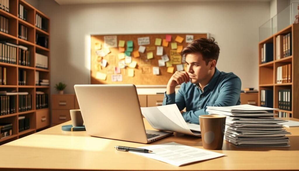 A modern, well-lit office space with a large desk, a laptop, and a stack of papers. In the foreground, a person sitting at the desk, intently studying a computer screen and taking notes. On the desk, a pen, a cup of coffee, and an open notebook. In the background, a corkboard with colorful sticky notes and diagrams pinned up, suggesting a brainstorming session. The walls are lined with shelves of books and files, creating a sense of professionalism and organization. The lighting is warm and natural, creating a focused and productive atmosphere. The overall scene conveys the planning and strategizing involved in an email marketing campaign for a major sales event like Cyber Monday.
