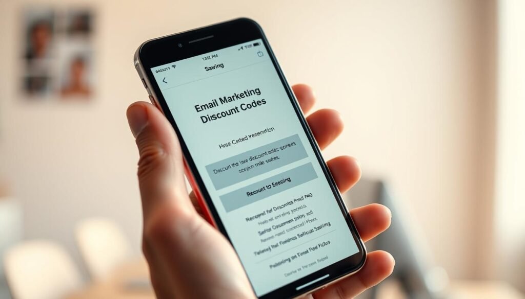 A person's hand holding a smartphone, the screen displaying an email marketing discount code redemption page. The foreground is sharply in focus, with warm lighting illuminating the scene. The background is softly blurred, suggesting a minimalist, clean office environment. The user's expression conveys a sense of satisfaction and accomplishment as they complete the discount code redemption process. The overall mood is one of efficiency, convenience, and financial savings.