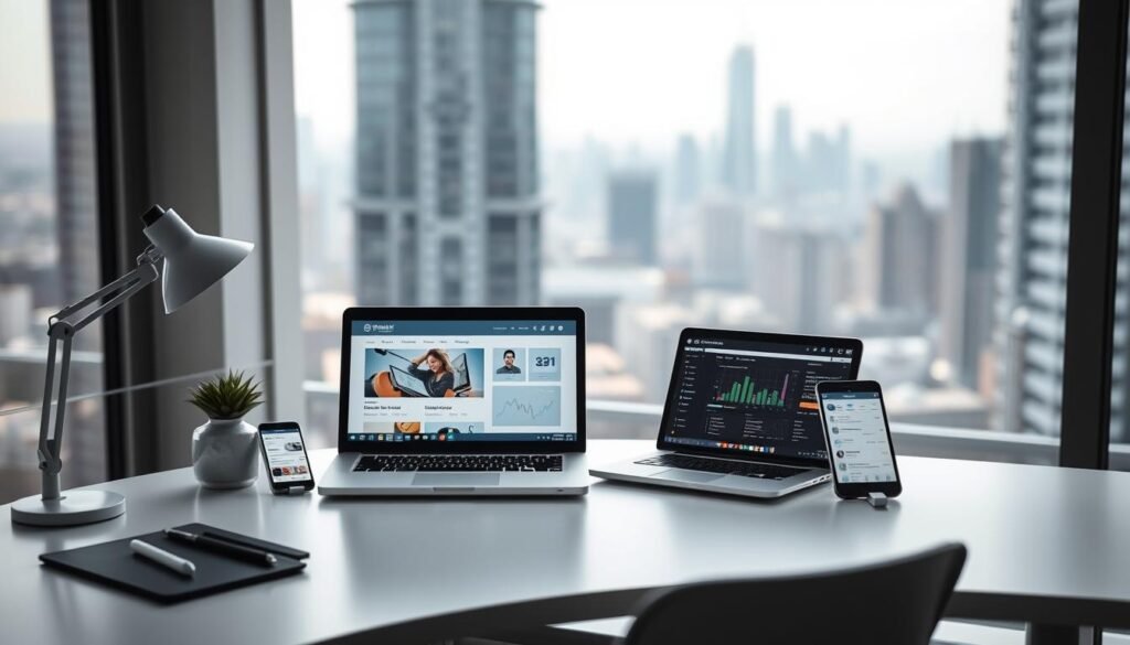 A serene, modern workspace with a sleek, minimalist desk featuring various SaaS tools and software icons. On the desk, a laptop showcases a website builder interface, while smartphones and tablets display social media management dashboards. Soft, directional lighting accentuates the clean lines and neutral tones of the setup. The background is a blurred, out-of-focus urban skyline, suggesting a sense of productivity and connectivity in a bustling digital landscape.