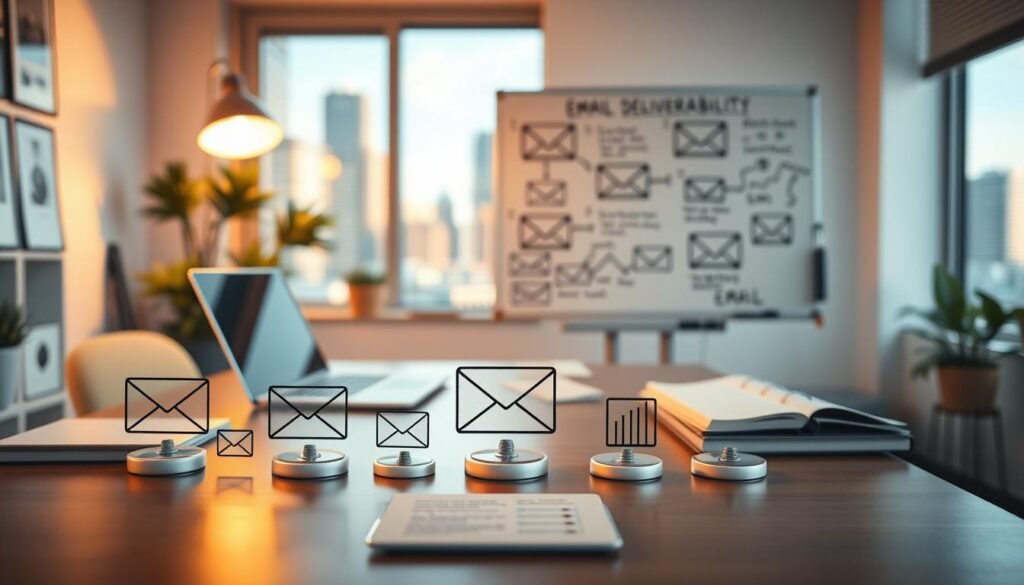 A serene, professional office setting with a desk, laptop, and office supplies. In the foreground, a series of email icons and graphs depicting email deliverability metrics and warm-up strategies. Warm, soft lighting illuminates the scene, creating a productive and focused atmosphere. The middle ground features a whiteboard with hand-drawn diagrams and notes outlining email deliverability best practices. In the background, a window overlooking a cityscape, suggesting a modern, tech-savvy environment. The overall composition conveys the importance of email deliverability and the strategic considerations involved in warming up a sender's email reputation.