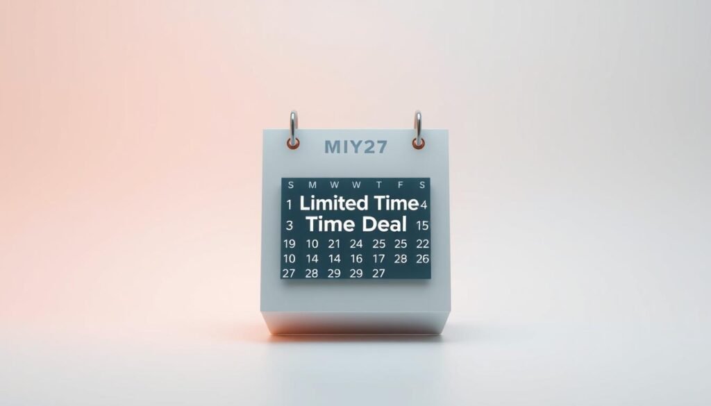 A sleek, minimal calendar interface with a prominent "Limited Time Deal" callout prominently displayed at the center. The calendar dates are rendered in a clean, modern typeface, with a subtle gradient effect adding depth and visual interest. The background features a soft, pastel-toned gradient, creating a serene and professional atmosphere. Carefully placed shadows and highlights emphasize the calendar's three-dimensional form, drawing the viewer's eye to the limited-time deal message. The overall aesthetic is one of elegance and urgency, perfectly conveying the sense of a time-sensitive promotional offer.