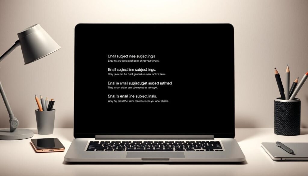 A sleek, minimalist desktop setup with a laptop, smartphone, and office supplies arranged neatly. The laptop screen displays a series of email subject lines, each optimized for maximum open rates. Soft, directional lighting illuminates the scene, casting subtle shadows and highlighting the clean, modern aesthetic. The background is a muted, neutral tone, allowing the email subject lines to take center stage. The overall composition conveys a sense of productivity, efficiency, and a keen focus on crafting effective communication.