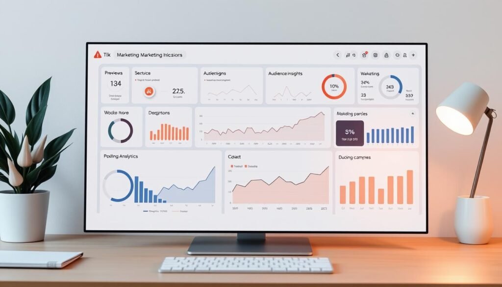 A sleek, modern marketing analytics dashboard integrated seamlessly into a digital workspace. Crisp data visualizations and intuitive metrics panels presented against a muted, sophisticated color palette. Clean lines, minimalist iconography, and subtle hover effects convey a sense of sophisticated functionality. Dynamic charts and graphs showcase key performance indicators, audience insights, and campaign analytics in real-time. Warm, directional lighting accentuates the dashboard's elegant design, creating depth and dimension. The overall aesthetic is one of streamlined efficiency, empowering marketing professionals to make informed, data-driven decisions. A sleek, modern marketing analytics dashboard integrated seamlessly into a digital workspace. Crisp data visualizations and intuitive metrics panels presented against a muted, sophisticated color palette. Clean lines, minimalist iconography, and subtle hover effects convey a sense of sophisticated functionality. Dynamic charts and graphs showcase key performance indicators, audience insights, and campaign analytics in real-time. Warm, directional lighting accentuates the dashboard's elegant design, creating depth and dimension. The overall aesthetic is one of streamlined efficiency, empowering marketing professionals to make informed, data-driven decisions.