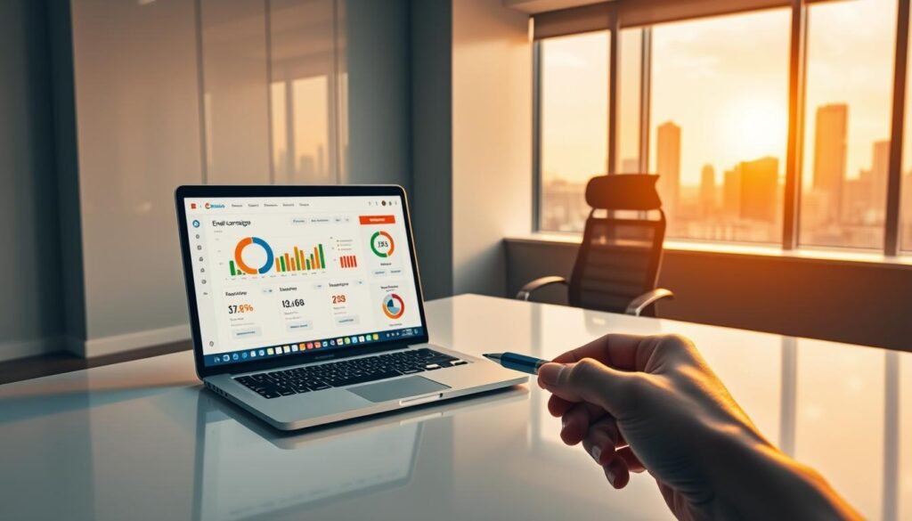 A sleek, modern office interior with a large desk and ergonomic chair. On the desk, a laptop displays an email campaign dashboard with key metrics like open rate, click-through rate, and revenue generated. In the foreground, a hand holds a pen, ready to jot down insights. The room is bathed in warm, directional lighting that casts shadows and highlights the clean, minimalist design. Through a window in the background, a cityscape can be seen, symbolizing the broader business context. The overall atmosphere is one of focus, productivity, and a data-driven approach to optimizing email marketing ROI. A sleek, modern office interior with a large desk and ergonomic chair. On the desk, a laptop displays an email campaign dashboard with key metrics like open rate, click-through rate, and revenue generated. In the foreground, a hand holds a pen, ready to jot down insights. The room is bathed in warm, directional lighting that casts shadows and highlights the clean, minimalist design. Through a window in the background, a cityscape can be seen, symbolizing the broader business context. The overall atmosphere is one of focus, productivity, and a data-driven approach to optimizing email marketing ROI.