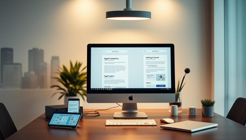 A sleek, modern office setting with a desktop computer, a smartphone, and various digital devices arranged neatly. The screen of the computer displays personalized email templates, highlighting targeted customer details and dynamic content. Soft, directional lighting from an overhead source casts a warm glow, creating a professional and inviting atmosphere. In the background, a blurred city skyline or abstract geometric shapes suggest the integration of technology and data-driven marketing strategies. The overall composition conveys the efficiency and personalization of contemporary email outreach techniques.