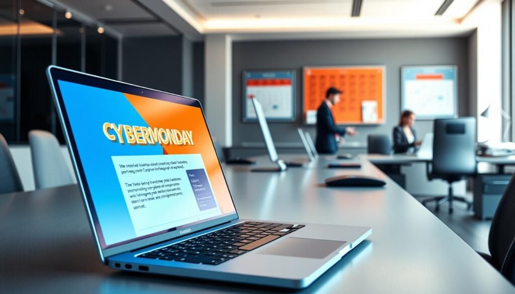 A sleek, modern office setting, with a large desk and an array of tech devices. In the foreground, a laptop screen displays a meticulously crafted email campaign, optimized for maximum Cyber Monday engagement. Vibrant hues of blue and orange create a dynamic color palette, complemented by the soft, directional lighting that casts subtle shadows, highlighting the precise timing and strategy of the email content. In the background, a wall-mounted calendar tracks the crucial countdown to the big day, while a team of focused professionals collaborate to ensure every detail is fine-tuned for Cyber Monday success.