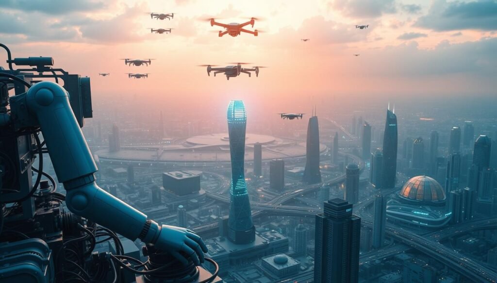 A vast, futuristic landscape unfolds, showcasing the power of automation and AI capabilities. In the foreground, a sleek, robotic arm effortlessly manipulates complex machinery, its movements seamless and precise. Hovering above, a swarm of autonomous drones gather data, their sensors scanning the environment with unwavering efficiency. In the middle ground, towering structures housing advanced computing systems pulse with an ethereal glow, a testament to the processing power at the heart of this automated world. The background is dominated by a sprawling cityscape, its skyscrapers and infrastructure intertwined with a network of intelligent systems, seamlessly coordinating and optimizing every aspect of urban life. The entire scene is bathed in a cool, futuristic lighting, creating an atmosphere of technological sophistication and forward-thinking innovation.