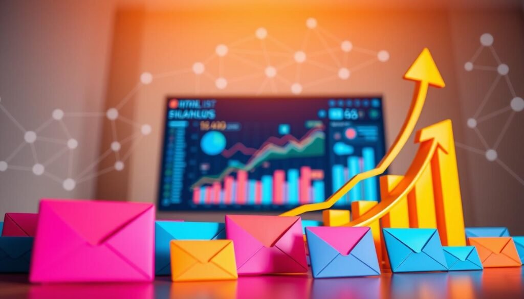 A vibrant, dynamic illustration of email list growth strategies, captured with a wide-angle lens in a soft, diffused lighting. In the foreground, an array of colorful envelope icons representing new subscriber signups, with an upward arrow indicating growth. In the middle ground, a digital dashboard displaying analytics and metrics, subtly hinting at the data-driven approach. The background features a minimalist, geometric pattern of interconnected lines and nodes, symbolizing the complex web of tactics and channels that drive email list expansion. The overall mood is one of progress, optimism and a sense of forward momentum.