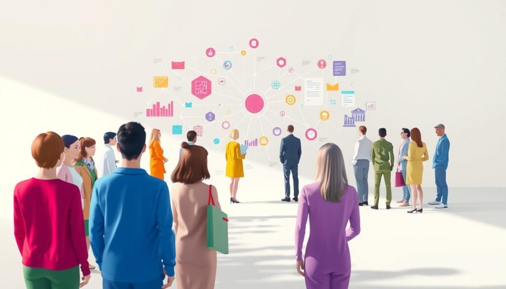 A vibrant infographic illustrating audience segmentation strategies. In the foreground, a diverse group of people, each representing a distinct target segment, stand out against a crisp, minimalist background. The middle ground features a network of interconnected data visualizations, color-coded to represent the unique characteristics and preferences of each audience group. In the background, a subtle grid pattern creates a sense of structure and organization, complementing the clean, modern aesthetic. The lighting is soft and directional, casting subtle shadows that add depth and dimensionality to the scene. The overall mood is one of clarity, purpose, and strategic precision, conveying the power of audience segmentation for effective marketing campaigns.