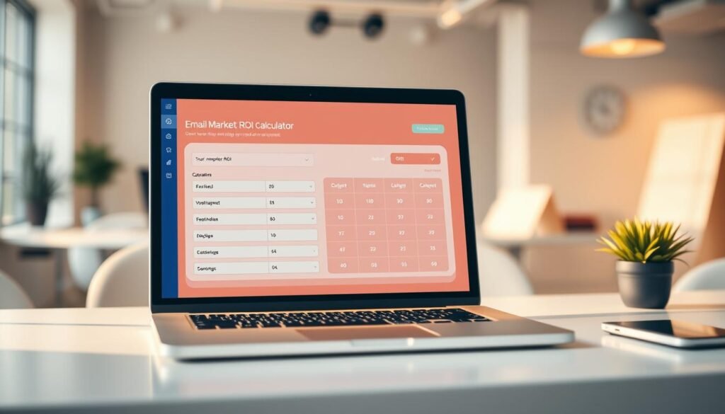 A vibrant, sleek, and intuitive email marketing ROI calculator interface, showcased on a modern laptop display against a clean, minimalist desk setup. The calculator panel features well-organized input fields, clear metrics, and a simple, user-friendly design. Warm, directional lighting illuminates the scene, casting subtle shadows and highlights that emphasize the calculator's depth and tactility. The background is a serene, blurred office environment, allowing the calculator to take center stage. The overall mood is one of efficiency, professionalism, and actionable insights for successful email marketing campaigns. A vibrant, sleek, and intuitive email marketing ROI calculator interface, showcased on a modern laptop display against a clean, minimalist desk setup. The calculator panel features well-organized input fields, clear metrics, and a simple, user-friendly design. Warm, directional lighting illuminates the scene, casting subtle shadows and highlights that emphasize the calculator's depth and tactility. The background is a serene, blurred office environment, allowing the calculator to take center stage. The overall mood is one of efficiency, professionalism, and actionable insights for successful email marketing campaigns.