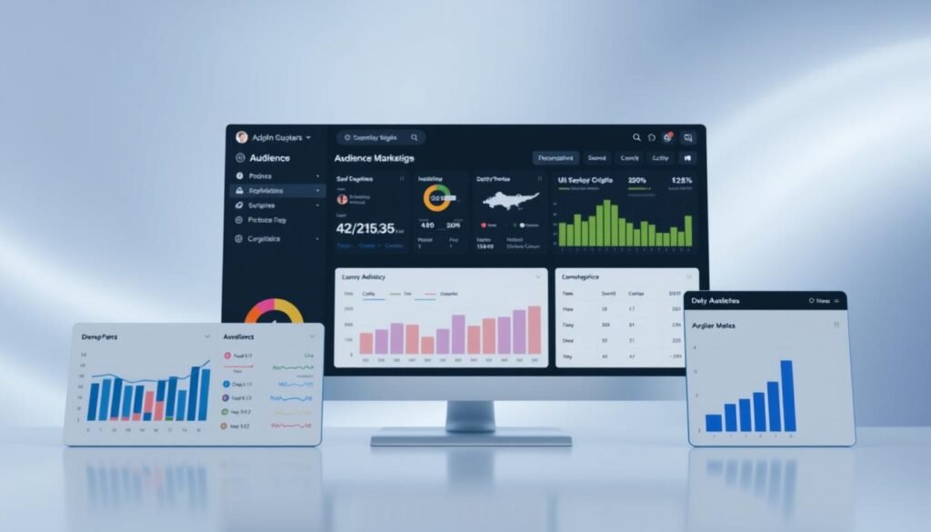 A well-lit, modern dashboard interface with a clean, minimalist design. In the foreground, a series of interactive data visualizations and segmentation tools, such as bar graphs, pie charts, and demographic filters. The middle ground features a large, central screen displaying a detailed audience breakdown by various metrics like location, activity, and user personas. The background showcases a soft, blurred gradient in soothing shades of blue and gray, creating a professional, high-tech atmosphere. The overall scene conveys a sense of data-driven insights and audience optimization for targeted marketing strategies. A well-lit, modern dashboard interface with a clean, minimalist design. In the foreground, a series of interactive data visualizations and segmentation tools, such as bar graphs, pie charts, and demographic filters. The middle ground features a large, central screen displaying a detailed audience breakdown by various metrics like location, activity, and user personas. The background showcases a soft, blurred gradient in soothing shades of blue and gray, creating a professional, high-tech atmosphere. The overall scene conveys a sense of data-driven insights and audience optimization for targeted marketing strategies.