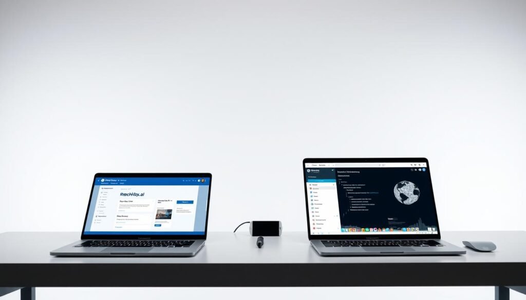 A well-lit, professional studio scene featuring a sleek desk setup with two laptop computers side by side. One laptop displays the Reachinbox email tool interface, the other showcases the Instantly.ai dashboard. The setup has a modern, minimalist aesthetic with clean lines and subtle lighting, emphasizing the visual comparison of the user experiences. The scene is captured from a slightly elevated angle, providing a clear and comprehensive view of the workspace. The background is a simple, neutral tone that allows the software interfaces to be the focal point, inviting the viewer to closely examine and compare the setups.