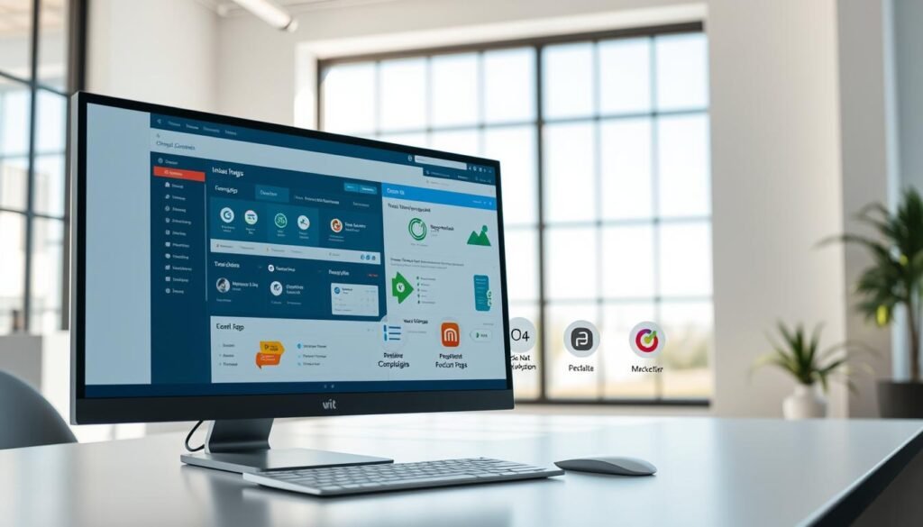 Detailed image of a modern and efficient email marketing automation software suite. The foreground depicts a sleek computer monitor displaying an intuitive email campaign management dashboard, with various tools and metrics clearly visible. The middle ground showcases a carefully curated selection of integrated plugins and apps, representing the comprehensive capabilities of the platform. The background features a minimalist office setting with a large window, allowing natural light to flood the scene and create a bright, productive atmosphere. The lighting is soft and directional, highlighting the clean lines and elegant design of the technology on display. The overall tone is professional, sophisticated, and focused on empowering effective email marketing strategies. Detailed image of a modern and efficient email marketing automation software suite. The foreground depicts a sleek computer monitor displaying an intuitive email campaign management dashboard, with various tools and metrics clearly visible. The middle ground showcases a carefully curated selection of integrated plugins and apps, representing the comprehensive capabilities of the platform. The background features a minimalist office setting with a large window, allowing natural light to flood the scene and create a bright, productive atmosphere. The lighting is soft and directional, highlighting the clean lines and elegant design of the technology on display. The overall tone is professional, sophisticated, and focused on empowering effective email marketing strategies.
