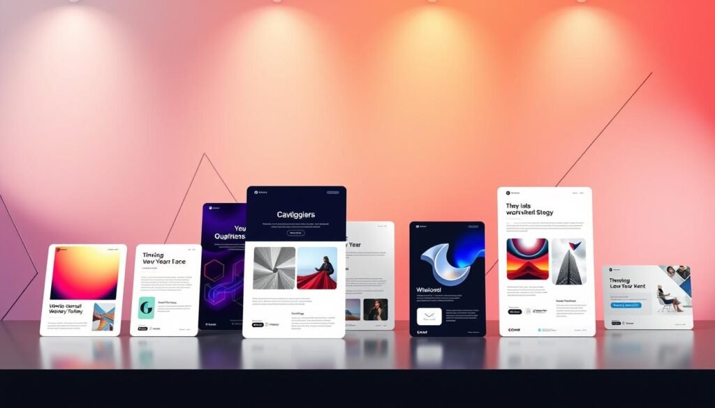 Elegant and visually captivating email design templates, featuring a bold header with a striking gradient backdrop, complemented by a clean and minimalist layout. In the foreground, a collection of email mockups showcases a variety of engaging designs, utilizing modern typography, subtle textures, and a balanced use of whitespace. The middle ground incorporates abstract graphic elements, such as geometric shapes and subtle lines, adding depth and visual interest. The background features a soft, atmospheric lighting, creating a sophisticated and professional tone. Overall, the image conveys a sense of creativity, innovation, and attention to detail, perfectly suited for a new year email campaign. Elegant and visually captivating email design templates, featuring a bold header with a striking gradient backdrop, complemented by a clean and minimalist layout. In the foreground, a collection of email mockups showcases a variety of engaging designs, utilizing modern typography, subtle textures, and a balanced use of whitespace. The middle ground incorporates abstract graphic elements, such as geometric shapes and subtle lines, adding depth and visual interest. The background features a soft, atmospheric lighting, creating a sophisticated and professional tone. Overall, the image conveys a sense of creativity, innovation, and attention to detail, perfectly suited for a new year email campaign.