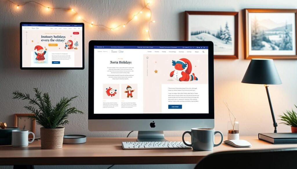 Innovative holiday email examples, displayed on digital screens in a festive, cozy office setting. Warm, soft lighting illuminates the screens, showcasing creative email designs with seasonal illustrations, bold typography, and subtle metallic accents. A minimalist, Nordic-inspired desk setup in the foreground, with a potted plant and a steaming mug of hot cocoa, creates a inviting atmosphere. In the background, a twinkling string of fairy lights and a framed winter landscape painting add to the cheerful, holiday-inspired ambiance. The overall scene conveys a sense of inspiration, productivity, and holiday cheer. Innovative holiday email examples, displayed on digital screens in a festive, cozy office setting. Warm, soft lighting illuminates the screens, showcasing creative email designs with seasonal illustrations, bold typography, and subtle metallic accents. A minimalist, Nordic-inspired desk setup in the foreground, with a potted plant and a steaming mug of hot cocoa, creates a inviting atmosphere. In the background, a twinkling string of fairy lights and a framed winter landscape painting add to the cheerful, holiday-inspired ambiance. The overall scene conveys a sense of inspiration, productivity, and holiday cheer.