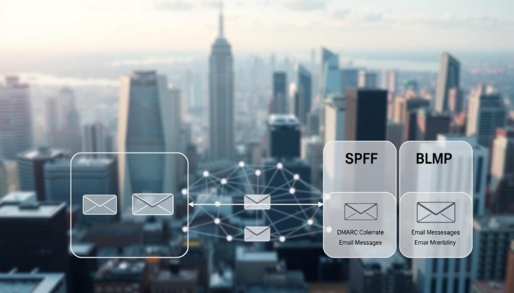 Prompt A technical illustration depicting the core email authentication protocols used to secure modern digital communications. In the foreground, a detailed schematic of DMARC, SPF, and DKIM protocols, showcasing their respective roles in authenticating email senders and protecting against spoofing. The middle ground features a complex network diagram illustrating the flow of email messages and the integration of these protocols. In the background, a softly blurred cityscape represents the global scale of email infrastructure, with skyscrapers and data centers symbolizing the technological backbone supporting robust email deliverability. The lighting is clean, with subtle shadows and highlights accentuating the technical elements. The overall mood is one of precision, reliability, and confidence in email security.